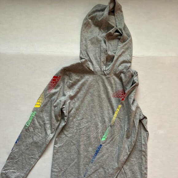 Adidas Boys' Rainbow Sleeve Long Sleeve Hooded Tee - Gray - Size M (10/12) - Picture 2 of 6